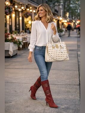 Michael Kors Hamilton XL White and Gold Studded Handbag